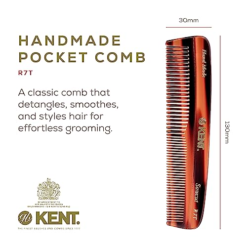 Kent R7T Fine and Wide Tooth Hair Comb, Pocket Comb for Men, Best Beard and Mustache Comb for Everyday Grooming and Styling, Handmade Sawcut and Polished, Made in England (6 Pack)