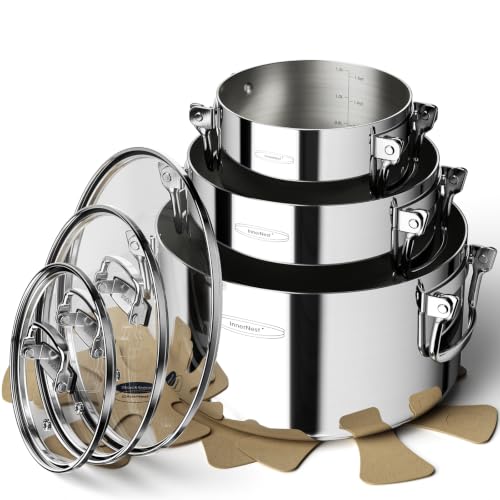 Stainless Steel Stock Pot Set with Glass Lids - 6-Piece Space-Saving Nestable Cookware