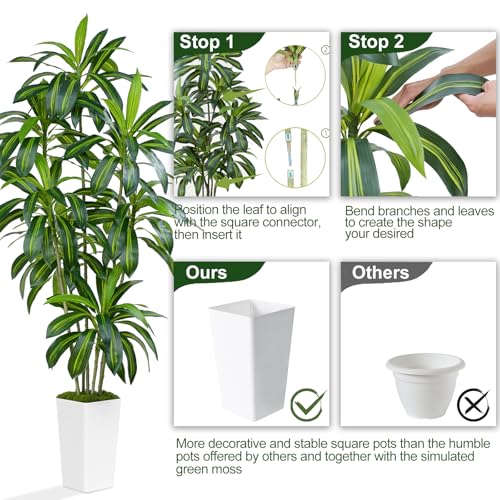Artificial Dracaena Tree 7Ft Tall with White Planter - Real Touch Indoor Outdoor Decor