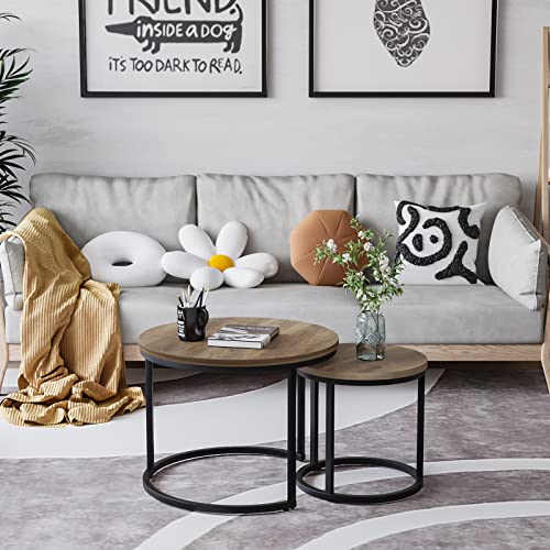 Smuxee Nesting Coffee Table Set of 2 - 23.6" Oak Round Industrial Side Tables