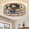 LEDIARY Walnut and Black Caged Ceiling Fan with Light - Flush Mount with Remote - Medium Variation
