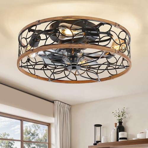 LEDIARY Walnut and Black Caged Ceiling Fan with Light - Flush Mount with Remote - Medium Variation