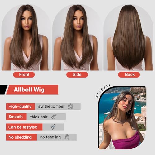 Allbell Long Straight Brown Wigs for Women 24 Inch Heat-Resistant Synthetic Hair - Dark Brown, Layered, Natural Look, Party & Halloween