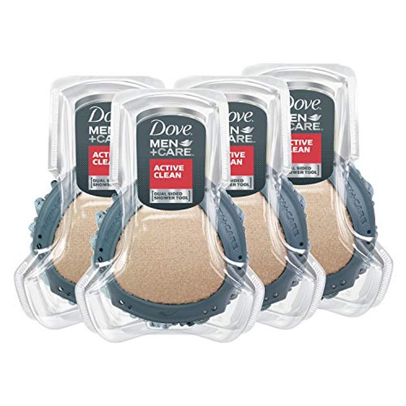DOVE MEN + CARE Shower Tool For Stronger, Healthy-Feeling Skin Active Clean Scrubs and Exfoliates Body Wash Sandalwood + Cardamom Oil to Rebuild Skin in the Shower