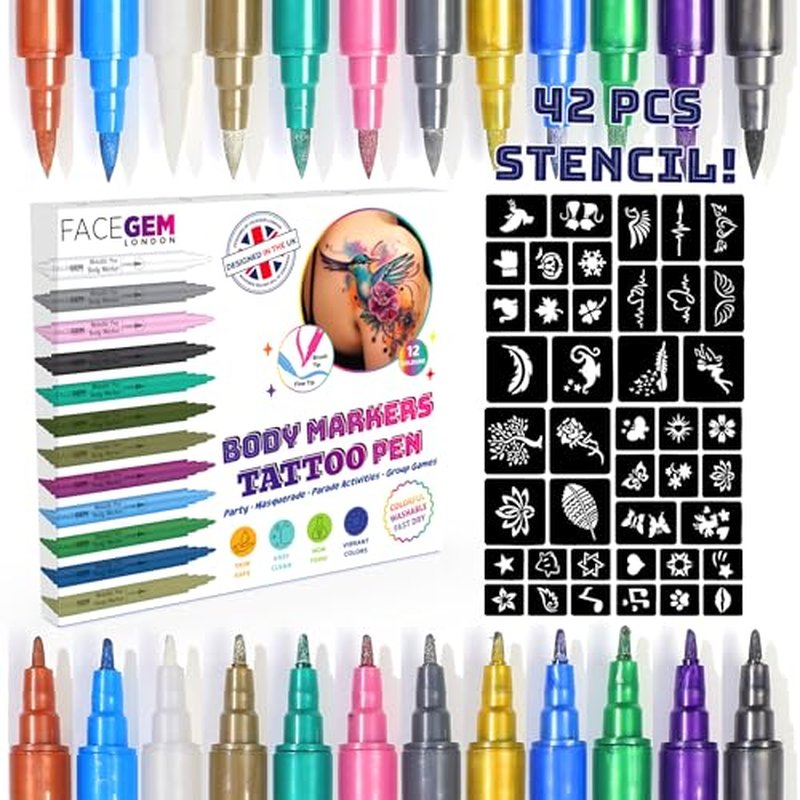 12 Metallic Temporary Tattoo Markers ? Create Temporary Tattoos with Dual-Tip Body Markers, Bold & Fine Lines, Waterproof, Fast-Drying, Non-Toxic, 42 Stencils, Fake Tattoos Set, Tattoo