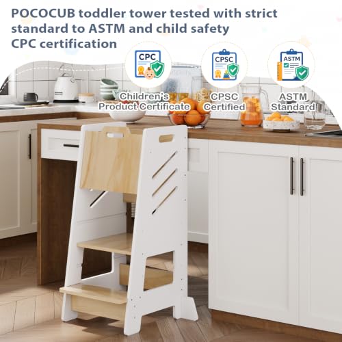 Toddler Kitchen Tower Step Stool with Sliding Panel - White, 3-Level Adjustable & Safety Features