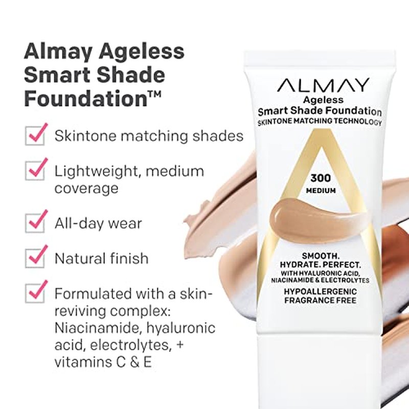 Almay Anti-Aging Foundation, Smart Shade Face Makeup with Hyaluronic Acid, Niacinamide, Vitamin C & E, Hypoallergenic-Fragrance Free, 100 Light, 1 Fl Oz (Pack of 1)