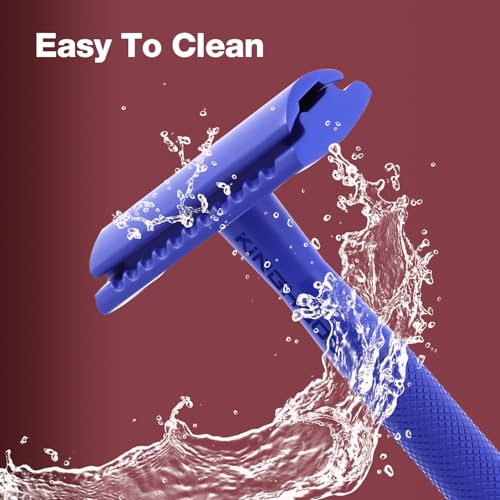 Kinghood Double Edge Safety Razor, Single Blade Razors with 10 Stainless Steel Blades, Reusable Metal Shaving Razor for Women and Men - Dark Blue