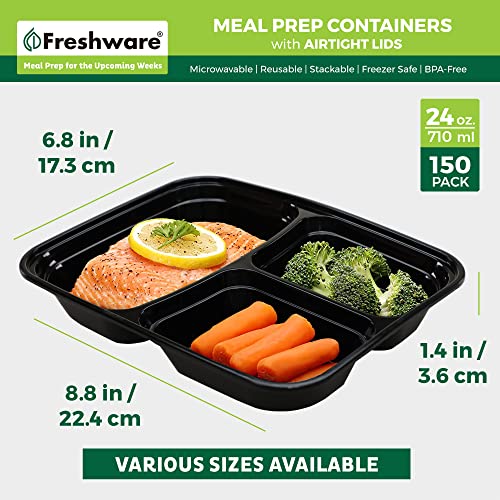 24 oz Meal Prep Containers 150 Pack with 3 Compartments BPA Free Stackable