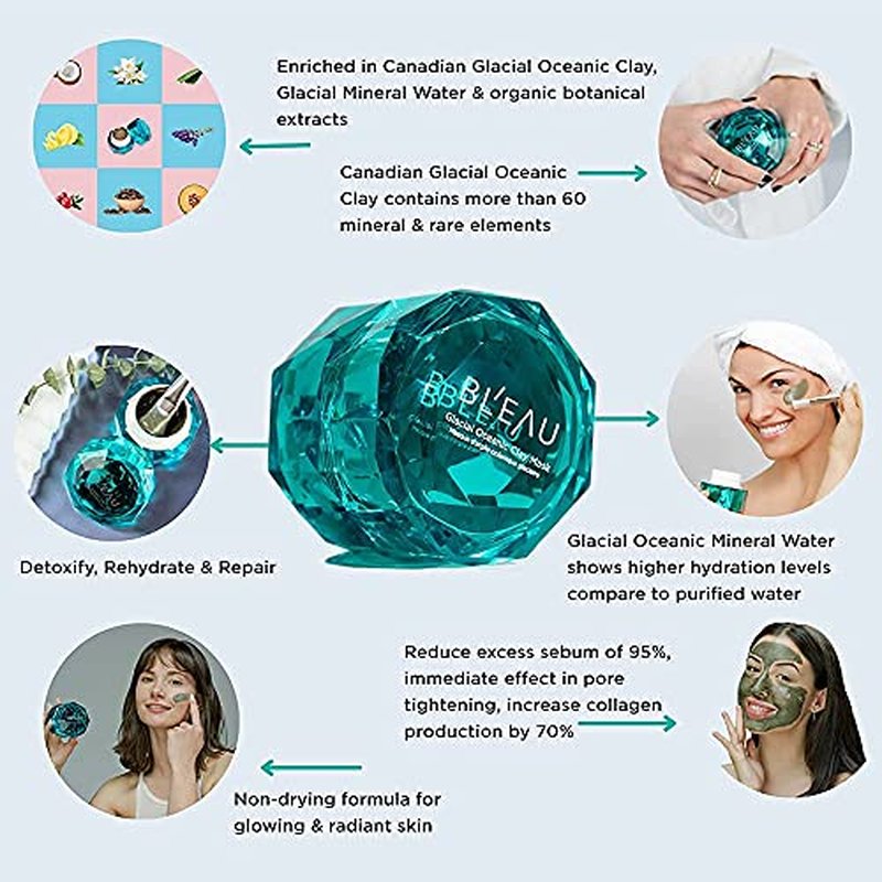 Bl'eau Glacial Oceanic Clay Mask - NSF Certified - Detox/Rehydrate/Repair, 50 g ? Net Wt. 1.8 oz