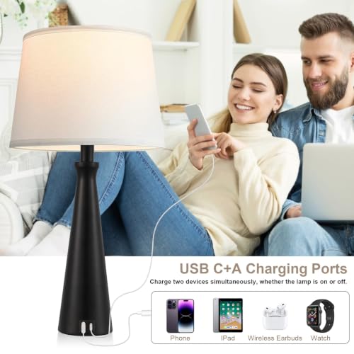 Seealle Black Base White Shade 3-Way Dimmable Touch Bedside Lamps Set of 2