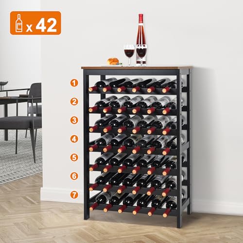 Bamboo Wine Rack 42 Bottles - Rustic Brown & Black 7-Tier Freestanding Shelf with Tabletop