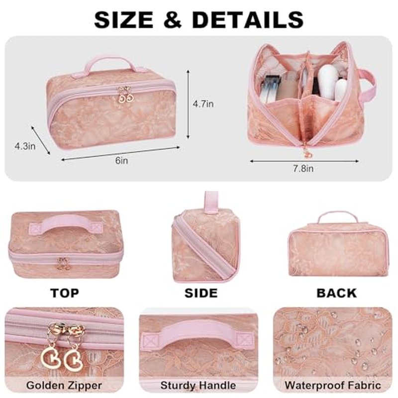 2026 New Makeup Bag for Women Girls,Lace Large Capacity Cosmetic Bag,Open Flat Travel Toiletry Bag,Hollow Out Makeup Organizer Bag With Divider and Handle(Pink)