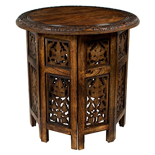 Antique Brown Hand-Carved Wood End Table - Folding Accent Side Table, 18x18 inches