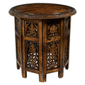 Antique Brown Hand-Carved Wood End Table - Folding Accent Side Table, 18x18 inches