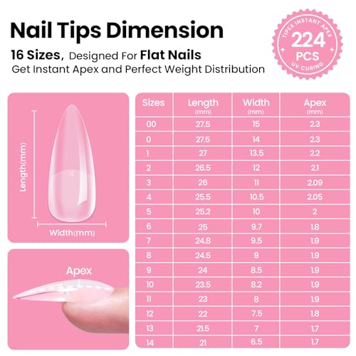 Beetles Tipex Instant Apex Nail Tips Kit ? Stiletto Medium, Pre-Building Pre-Etched Thick Acrylic Tips with Tipex Nail Glue, Dehydrator, Primer, Base & Top Coat, Mini UV Lamp 224PCS in 16 Sizes