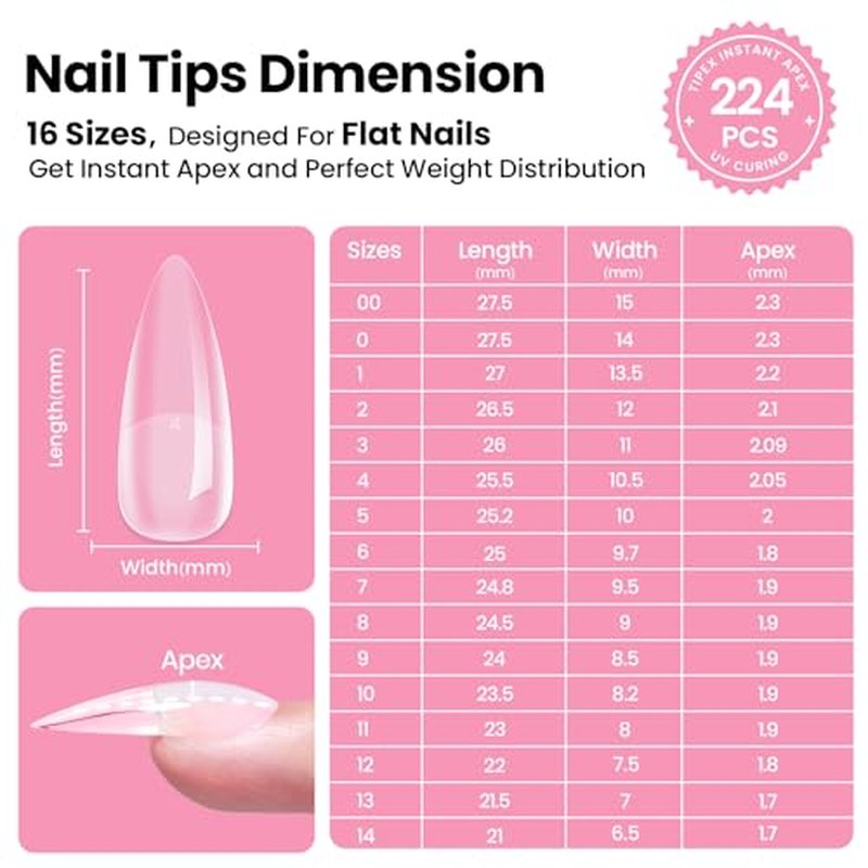 Beetles Tipex Instant Apex Nail Tips Kit ? Stiletto Medium, Pre-Building Pre-Etched Thick Acrylic Tips with Tipex Nail Glue, Dehydrator, Primer, Base & Top Coat, Mini UV Lamp 224PCS in 16 Sizes