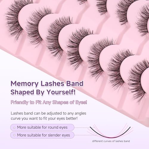 Wispy Lashes Natural Cat Eye Lashes 14mm False Eyelashes Thin Memory Band Volume False Lashes Soft Strip Lashes Pack C Curl Natural Eyelashes Fake Eyelashes 7 Pair EVENTILL
