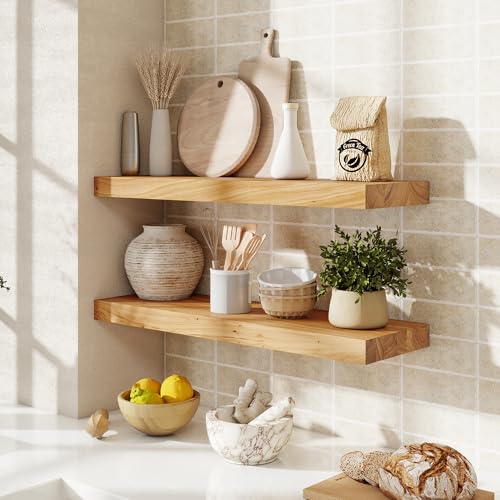 Fuqing Floating Wall Shelves - Natural Elm Flat Edge, 24 Inch, 2-Pack