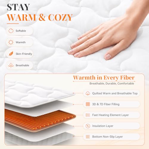 Queen Size Heated Mattress Pad with Dual Controls - Auto Shut Off & Fast Heating - White