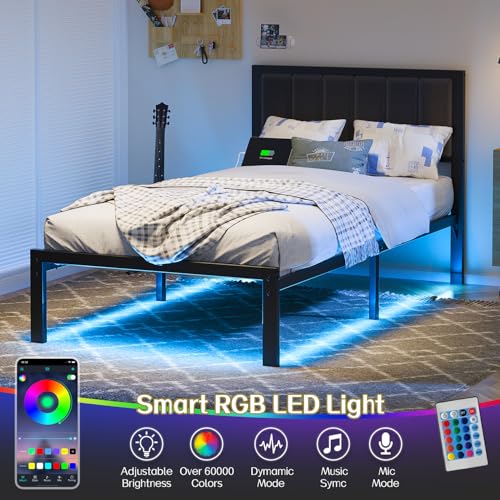 Twin Bed Frame with Headboard, Smart LED & Charging Station - OLEVS