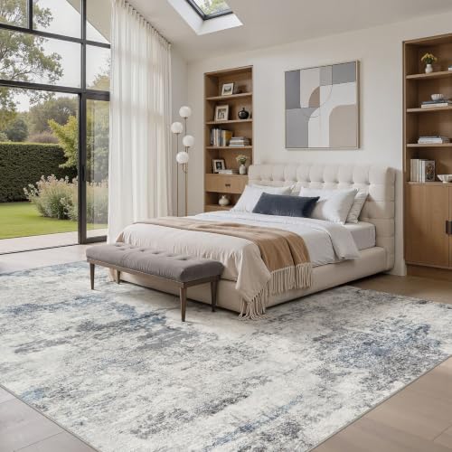 8x10 Washable Area Rug for Living Room - Abstract Indoor Carpet, Non-Slip, Grey Blue
