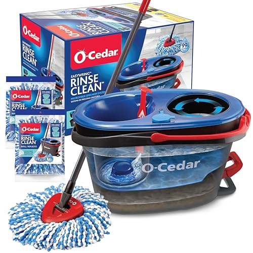O-Cedar RinseClean Spin Mop & Bucket System with 2 Extra Microfiber Refills – Cleans with Water, Removes 99% of Bacteria