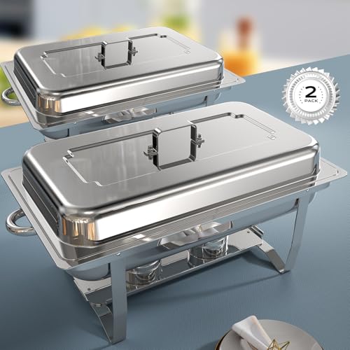 Tatakoii 2 Pack Stainless Steel Chafing Dishes for Buffet - Mirror Polished, Food Warmers & Servers with Rolled Edge Safety 9QT Set