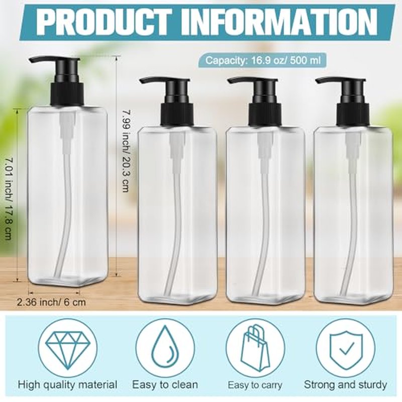 8 Pcs Empty Shampoo Bottles with Pump 16 Oz Plastic Soap Dispenser Refillable Body Wash Bottles for Bathroom, Kitchen Sink, Hotel, Salon(Transparent, Black)