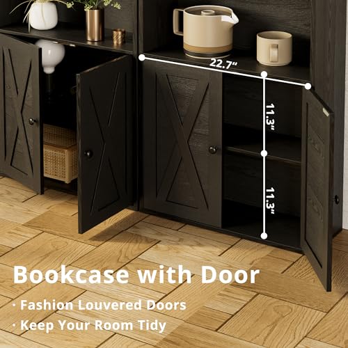 IRONCK Vintage Black Industrial Bookshelves with Doors & Shelves, 5-Tier Tall Storage