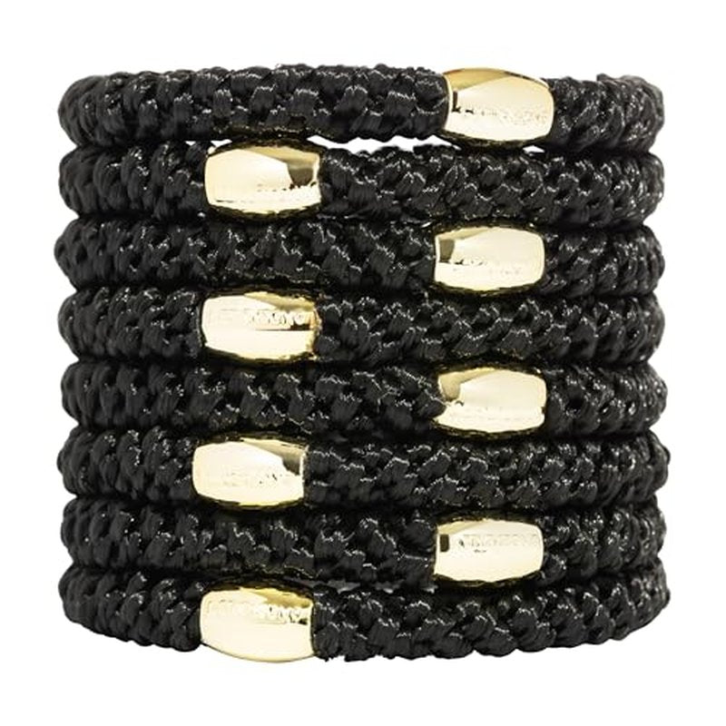Black Hair Ties with Gold Bead for Thick Hair, Grab & Go Ponytail Holders, 8 Pack, Black | Gold Bead, Thick No-Crease Bands with Strong Hold, Damage-Free Design | L. Erickson