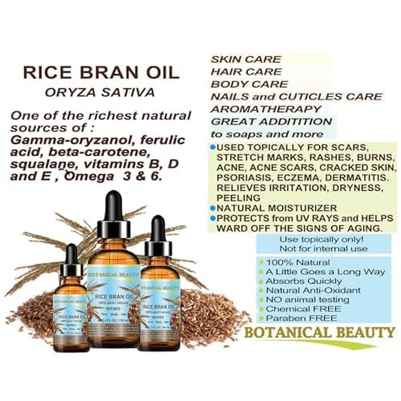 Botanical Beauty RICE BRAN OIL 100% Pure Natural Refined Undiluted Cold Pressed Carrier Oil for Face, Skin, Body, Hair, Massage, Nails. (1 Fl Oz)