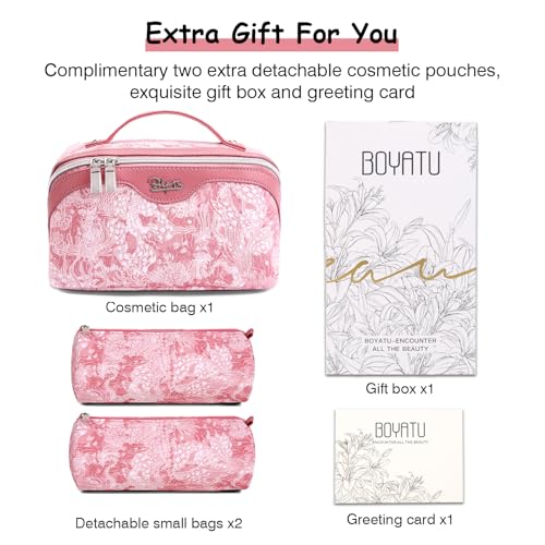 BOYATU Travel Makeup Bag for Women: Large Capacity Make up Bag with Compartments - Vegan Leather Cosmetic Bag set of 3 - Waterproof Toiletry Bag with Handle & Divider(E-4-Pink)
