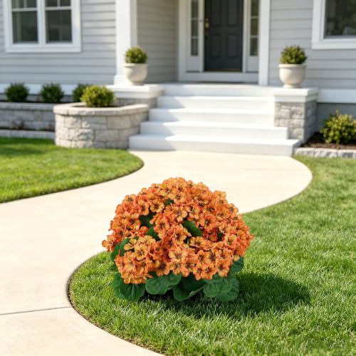Orange Artificial Geranium Flower Ball - 18 Inch Fall Outdoor Decor for Porch & Garden - UV Resistant Faux Plant - Thanksgiving & Harvest Decoration - Variation 2