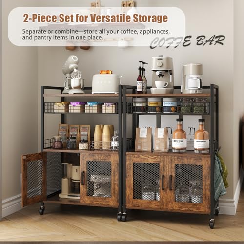 Large Coffee Bar Cabinet on Wheels with 3 Tiers, Wire Basket Drawer & Hooks