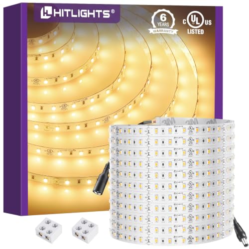 HitLights 24V Warm White LED Strip Lights 26.2ft Indoor Use, 3000K, Backed 3oz PCB