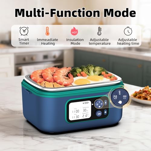 Blue Cordless Heated Lunch Box for Adults XL 6.3 Cups Smart Self-Heating Food Warmer