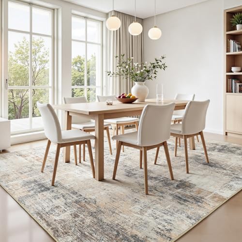 Grey & Gold 9x12 Area Rug - Abstract Washable Non-Slip Living Room Carpet