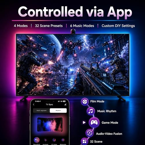 TV LED Backlight Strip for 55-65 Inch TVs, Real-Time Sync, App Control