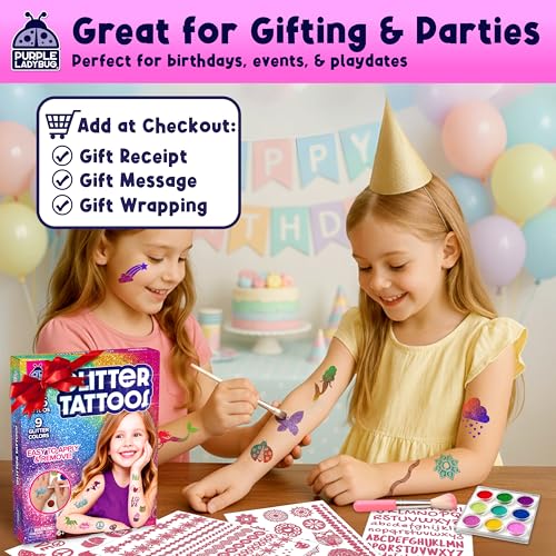 PURPLE LADYBUG 175-Piece Temporary Glitter Tattoos Kit for Kids & Teens - Easter Valentines Gifts for 6 7 8 9 10-12 Year Old Girl Birthday, Craft for Girls 8-12, Ideal Easter Basket Essential