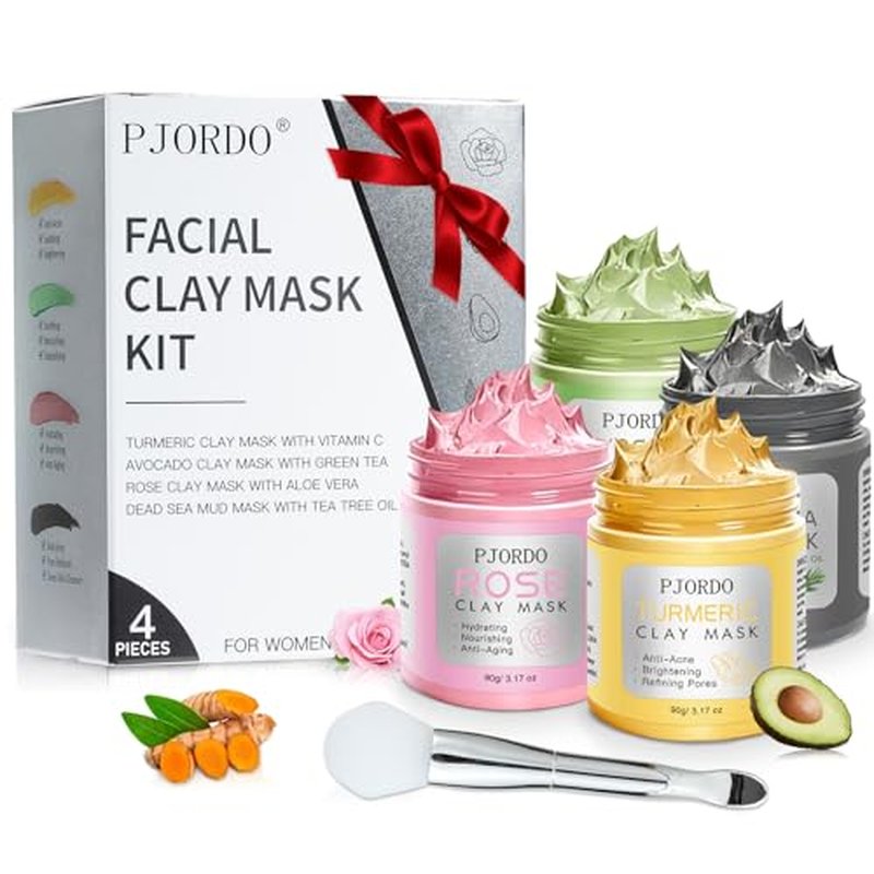 4 Pcs Clay Mask for Face(360g in total), Turmeric Vitamin C, Dead Sea Mud, Green Tea, Avocado, Rose, Facial Clay Mask Set, Face Mask Skin Care, Facial Skin Care Gifts Set for Her, 3.17 Oz Each
