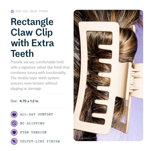 Gimme Beauty XL Rectangle Double Teeth Claw Clip - Extra-Large Accessory for Strong Hold - Perfect for Long, Thick, Curly Hair - Non-Slip Clip for Everyday Wear - Tan