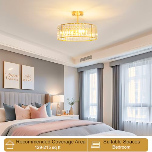 16 Inch Modern Crystal Ceiling Light Fixture - 5-Light Semi Flush Mount Gold