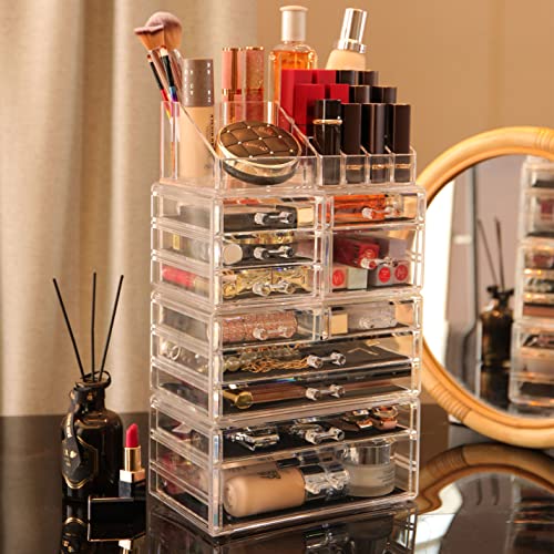 Clear Makeup Organizer with 11 Drawers - 4 Stackable Sections & Top Holder, 11-Drawer Cosmetic Storage for Vanity & Skincare - Variation: 11 Drawers / Clear