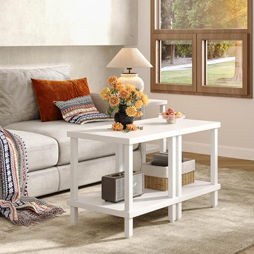 White Modern End Table with 2-Tier Storage Square Sofa Side Table