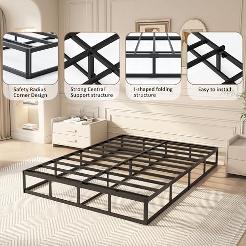Full Size Metal Box Spring with Upholstered Fabric Cover - 9 Inch High Profile, Heavy Duty Bed Foundation, Black, Non Slip, Easy Assembly