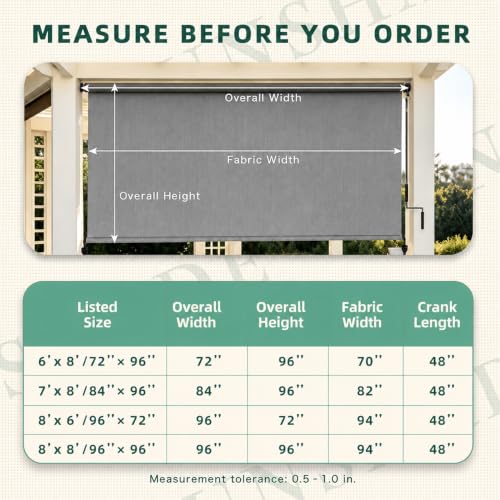 Outdoor Retractable Roller Shade 8ft x 8ft Light Gray Cordless Patio Blind