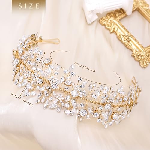 Gold Crystal Wedding Headband Rhinestone Bridal Hair Accessories Handmade Leaf Design