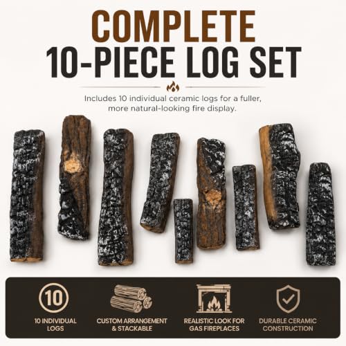 Barton Realistic Style 10-Piece Ceramic Gas Fireplace Log Set - Indoor & Outdoor Vented Fireplaces