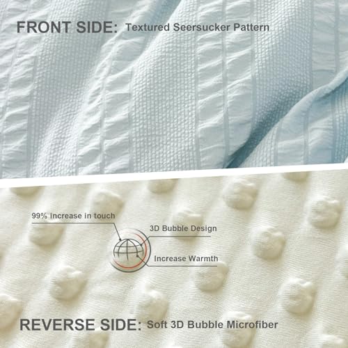 Full Size Light Blue Boho Comforter Set 3 Pieces - Striped Pleats All Season Bedding